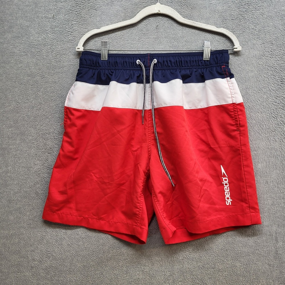 Speedo‎ Men Swim Shorts M Red Colorblock Logo Casual Polyester 8"